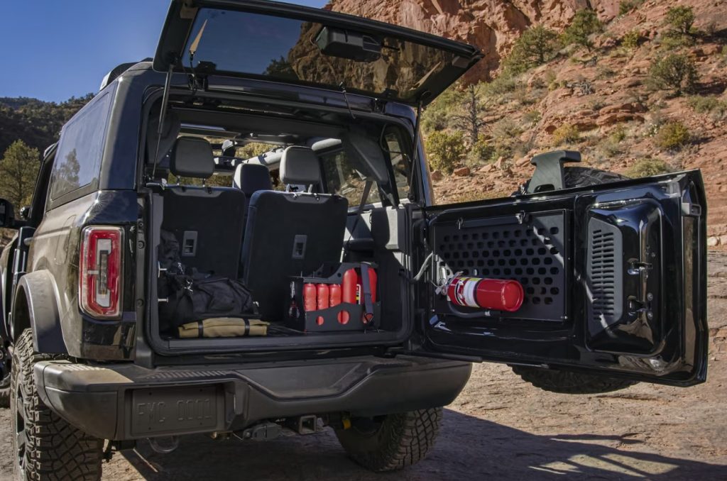 The trunk of a new Ford Bronco is open, showcasing the storage ability the Bronco has for outdoor adventures.