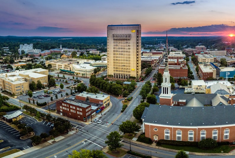 Downtown Spartanburg at sunset, home of Ford of Spartanburg where you can buy your new Ford!